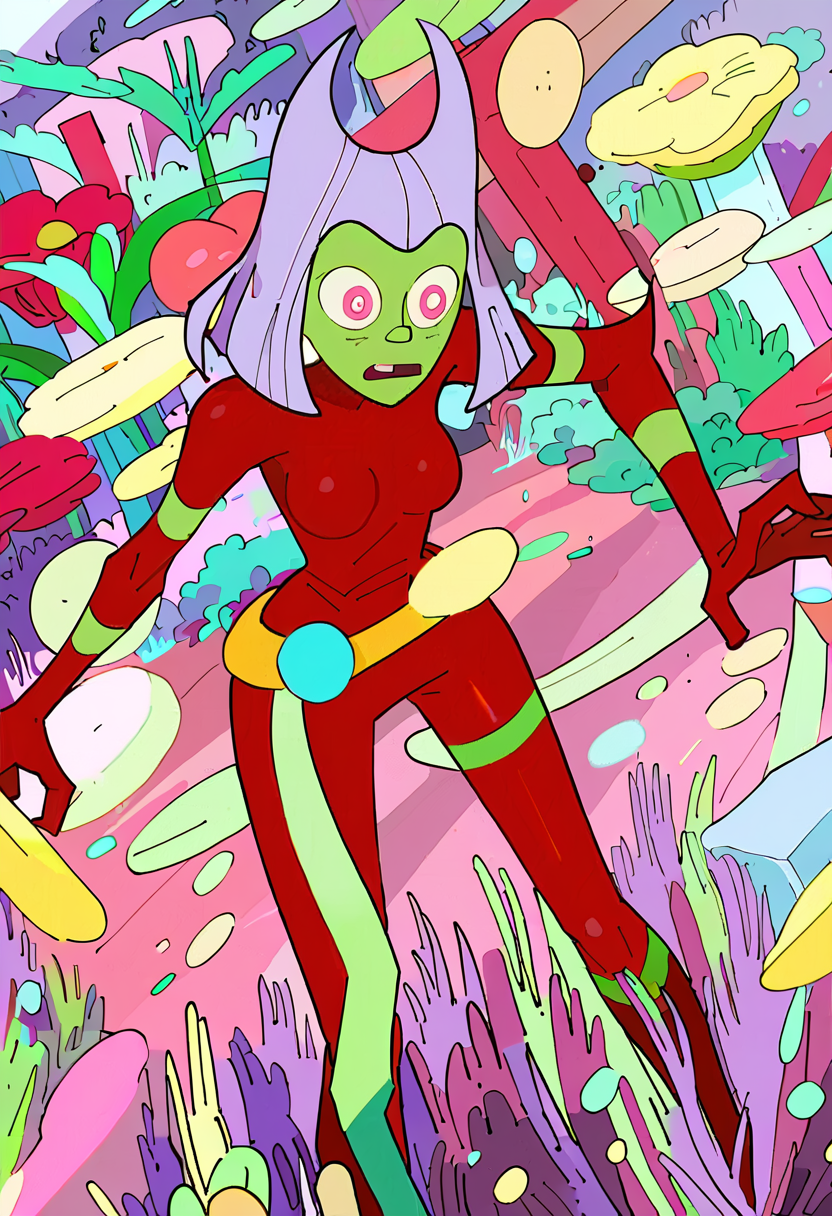 <lora:TwelveForever_ButtWitch_Pony:1.1>, butt witch \(regular\), straight-on, wide-eyed, twelve forever, 1girl, solo, colored skin, red bodysuit, flower meadow, masterpiece, best quality, score_9, score_8_up, score_7_up