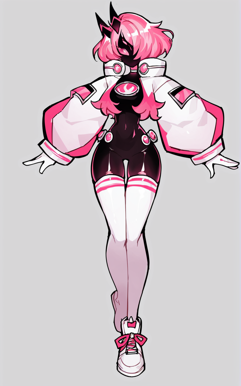 score_9, score_8_up, score_7_up,((best quality)), absurdres, ((full body)), <lora:BolivanteStyle:0.8>,  <lora:SpriCarPXL:0.8>,SpriCarPXL,black skin, pink hair, short hair,  thighhighs, white thighhighs, white jacket, jacket, hair over eyes, white background, pink eyes,armor,gloves, white gloves ,horns, cropped jacket,slim,thigh gap,sneakers, shiny skin