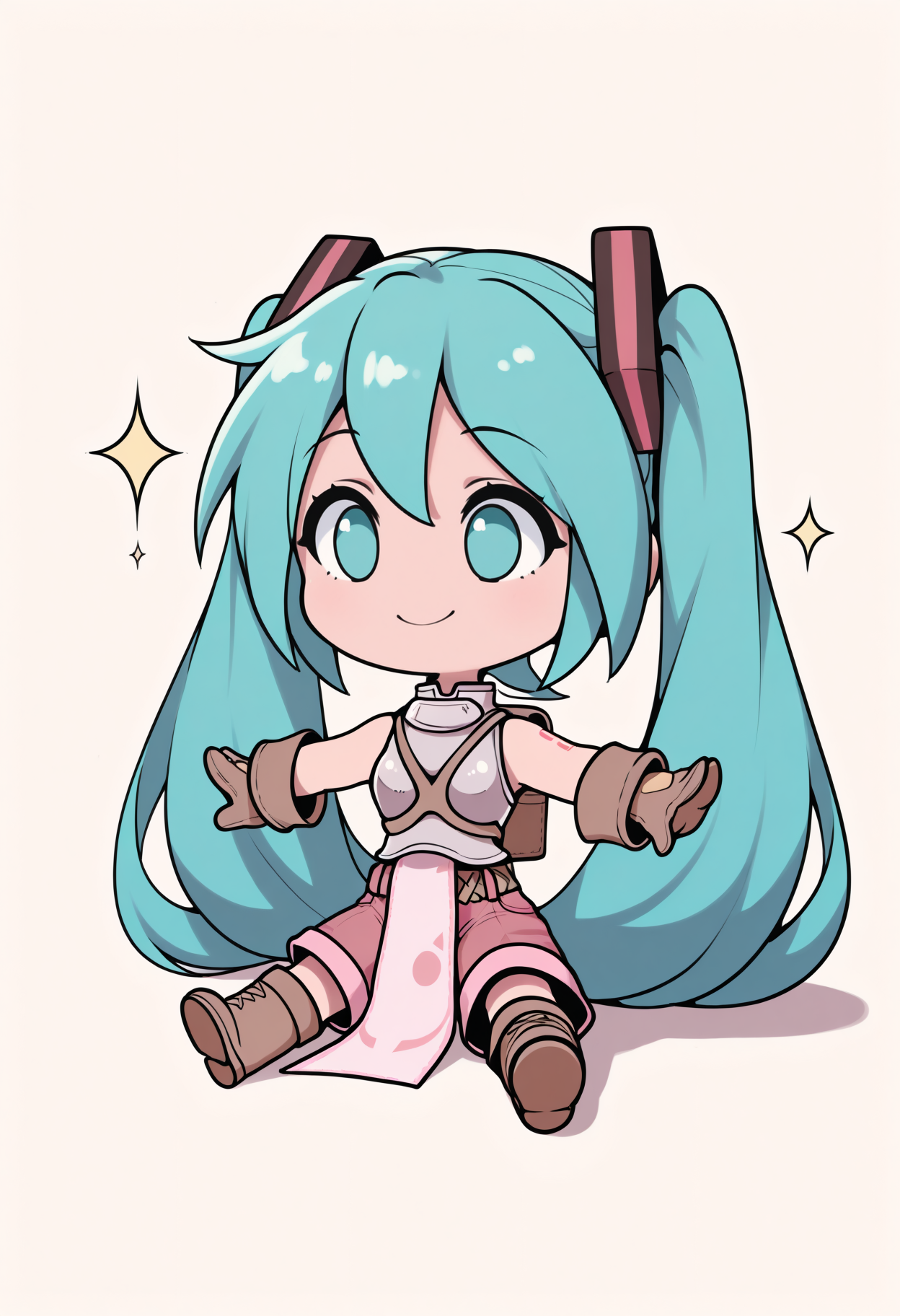 masterpiece, best quality, 1girl, solo, NoviceClothes, breastplate, brown belt, backpack, pink shorts, pelvic curtain, brown gloves, brown boots, lineart, sitting, on floor, smile, sparkles, spread arms, chibi, meme, thick lines, simple background, white background, hatsune miku, <lora:ChamFemaleNoviceClothesIllustriousXL:1>