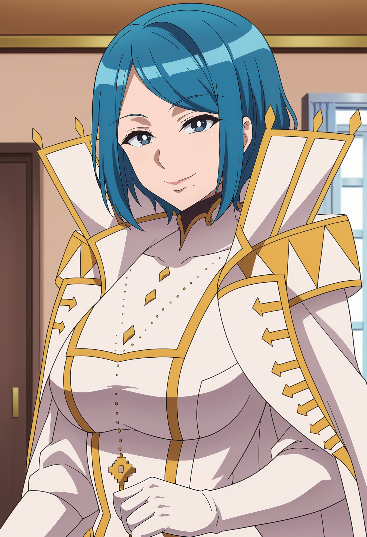 <lora:Medhimama-Tsuujou_Kougeki_ga_Zentai_Kougeki_de_Ni-kai_Kougeki_no_Okaasan_wa_Suki_desu_ka_r1:0.9>,Medhimama,mature female,1girl,solo,blue hair,short hair,blue eyes,mole under mouth,cape,white bodysuit,white gloves,looking at viewer, smile,indoors