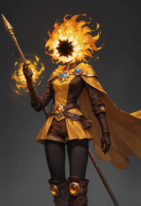 score_9, score_8_up, score_7_up,
lord_of_frenzy, fire head,
holding magic spear,
novakin, faceless, no eyes, no mouth, no nose, no facial features, short fiery yellow orange hair, body made of black plasma,
magical girl outfit, steampunk dress, boots, brown shorts, black tights, medium breasts, belt,
simple background, grey background,