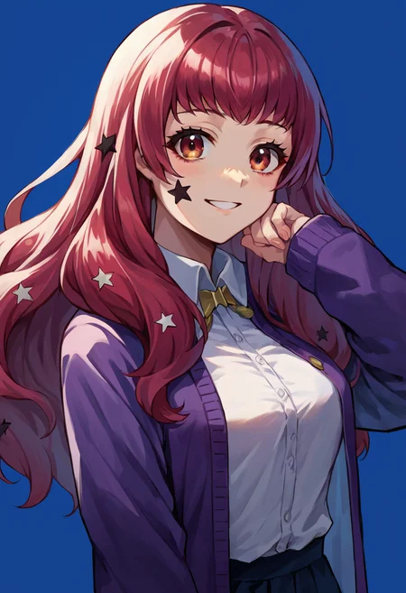 score_9, score_8_up, score_7_up, source_anime, upper body, 1girl, looking at viewer, smile, <lora:YunakaFE-pdxl:1> casyunaka, long hair, long sleeves, white shirt, purple cardigan, open clothes, star hair ornament, star facial mark, blue background
