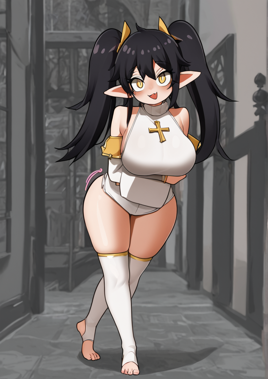 1girl, huge breast, black hair, blush, bottomless, breasts, crossed legs, detached sleeves, fang, full body, leaning forward, long hair, open mouth, pointy ears, shirt, skin fang, skindentation, slit pupils, smile, solo, standing, thigh gap, thighhighs, toeless legwear, toes, twintails, watson cross, white shirt, white thighhighs, yellow eyes,  zPDXL3, <lora:Lea_Jin:1>