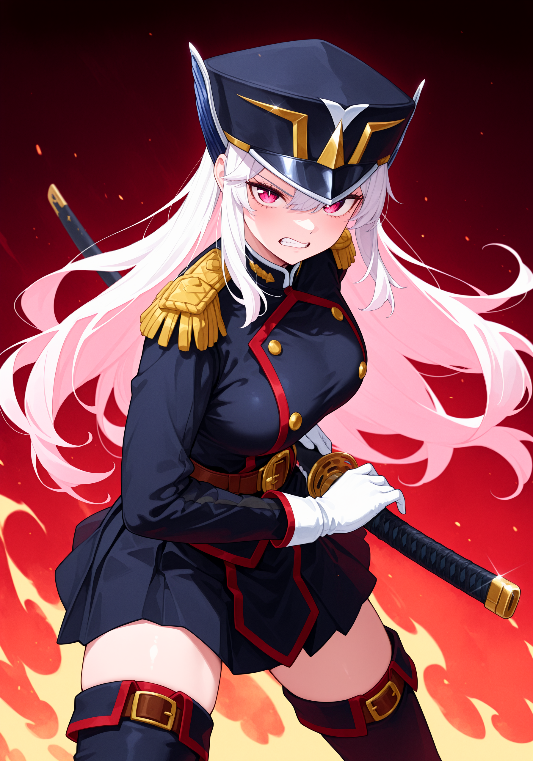 1girl, <lora:kyoukauz_sn40:1>, kyouzen, hair attachments, military hat, black military uniform, epaulettes, white gloves, brown belt, black skirt, thigh boots, open mouth, gritting teeth, clenched teeth, focused, serious expression,looking at viewer,
<lora:iaido_Illust_v1:0.9>, iaidou,weapon, katana, holding sword, ready to draw, sheathed, unsheathing, scabbard,
flames, fire background, upper body, unseathing,
high resolution, ultra-detailed, absurdres, masterpiece, best quality, good quality, newest,