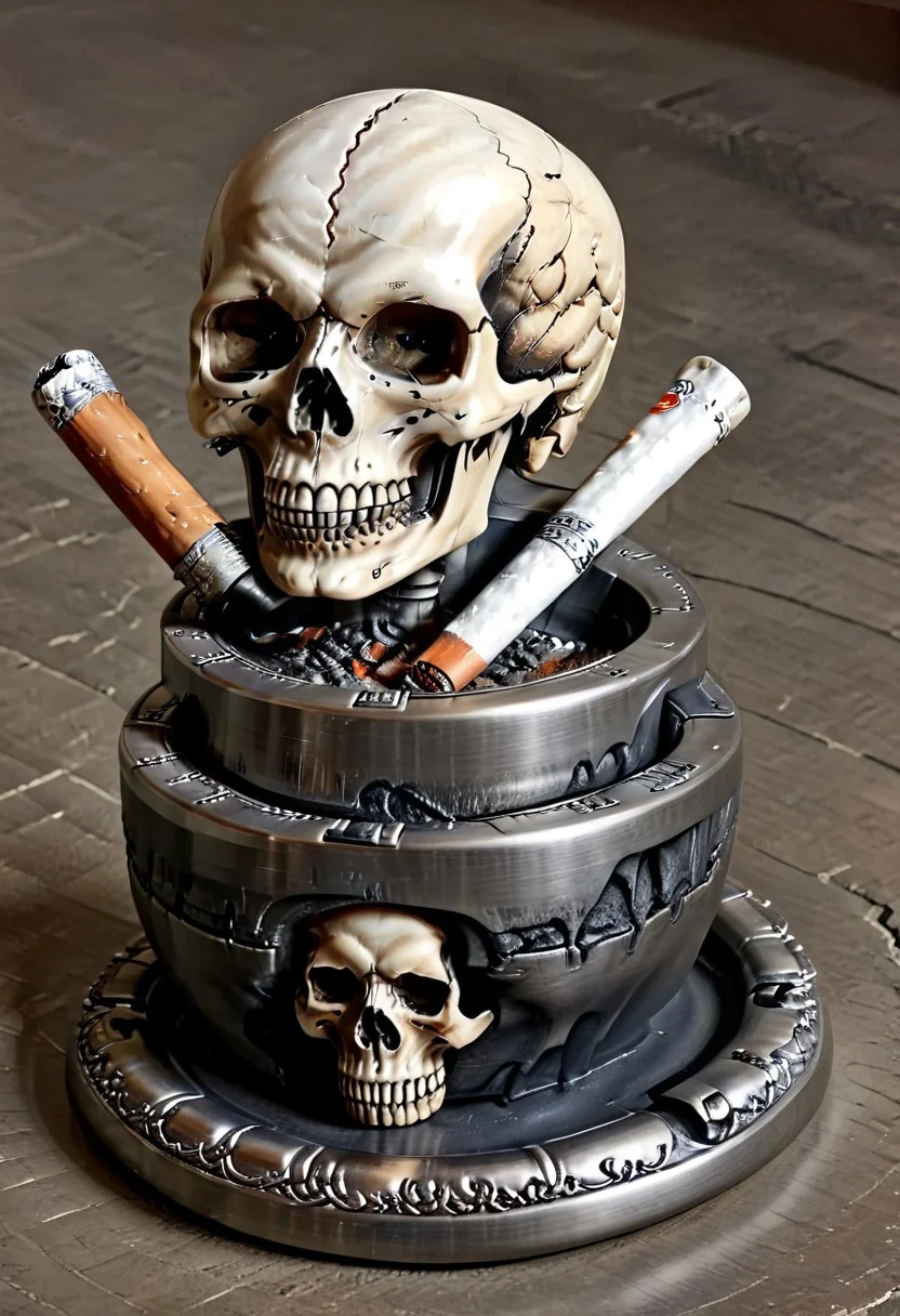 Ultra realistic with high quality and ultra detail with excellent focus and contrast, photorealistic image in style, ultra realism, high definition of 1 object ashtray, material metal, ashtray base metal hand holding skull shaped metal ashtray