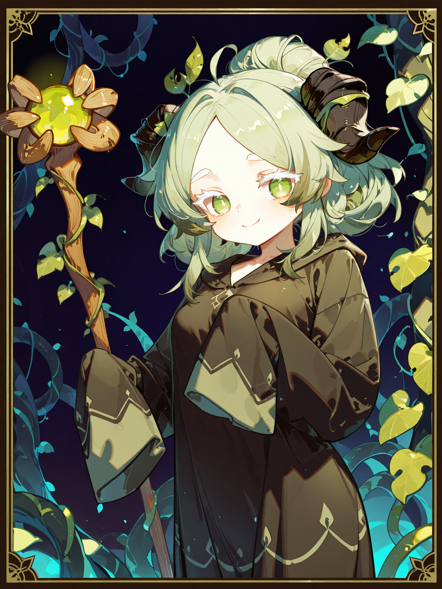 <lora:MatchaXL:1> MCCRO, 1girl, long sleeves, horns, medium hair, robe, smile, holding, sleeves past wrists, staff, sleeves past fingers, holding staff, hair bun, white eyelashes, breasts, green eyes, green hair, solo,
gradient background, vines, cowboy shot, simple background, dark background, border, looking at viewer, fenrir \(fenriluuu\), ask \(askzy\), tianliang duohe fangdongye, simao \(x_x36131422\),
<lora:spo_sdxl_10ep_4k-data_lora_webui:0.5> <lora:cfg_scale_boost:0.9> volumetric lighting, masterpiece, best quality, amazing quality, very aesthetic, absurdres, newest, soft lighting, dim lighting <lora:retrocute:0.5> <lora:omoyunakyu715-_style_Illustrious:0.5> omoyu_nakyu715