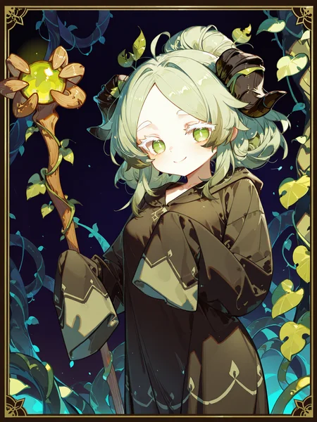 <lora:MatchaXL:1> MCCRO, 1girl, long sleeves, horns, medium hair, robe, smile, holding, sleeves past wrists, staff, sleeves past fingers, holding staff, hair bun, white eyelashes, breasts, green eyes, green hair, solo,
gradient background, vines, cowboy shot, simple background, dark background, border, looking at viewer, fenrir \(fenriluuu\), ask \(askzy\), tianliang duohe fangdongye, simao \(x_x36131422\),
<lora:spo_sdxl_10ep_4k-data_lora_webui:0.5> <lora:cfg_scale_boost:0.9> volumetric lighting, masterpiece, best quality, amazing quality, very aesthetic, absurdres, newest, soft lighting, dim lighting <lora:retrocute:0.5> <lora:omoyunakyu715-_style_Illustrious:0.5> omoyu_nakyu715