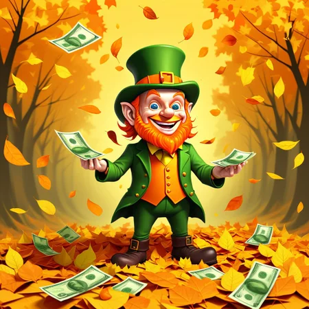 Illustration of a leprechaun converting autumn leaves magically into Orange and yellow bank notes,endposit_notesmorph