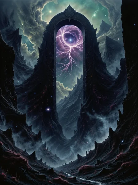 highly detailed and surreal sci-fi horror painting of a symmetrical gothic sci-fi dimension portal, movie poster style, blending supernatural elements with an atmosphere of haunting mystery, an eldritch landscape on a distant world, under a vast, dark sky lit with a galactic nebula and fractal, swirling clouds, the terrain is covered in strange alien plants and littered with bizarre rocks, pools of phosphorescent glowing liquid cast an eerie glow, the central focus is a towering, ominous dimensional portal in a gothic sci-fi architectural style suspended above a crater, its edges crackling with unnatural energy, glowing with swirling hues of deep purples, greens, and blues, ghostly shapes within the portalâs glowing core hint at terrifying, otherworldly creatures, in the foreground, twisted alien vegetation with serrated leaves and surreal, fractal shapes frame the portal, adding an unsettling atmosphere to the landscape, wafts of glowing mist drift across the terrain, the portal dominates the scene, towering over everything and casting a menacing glow that warps the ground below, radiating power and darkness, it draws the viewerâs eye to its shifting, mesmerizing light, while in the background, shadowed outlines of colossal, crumbling statues of forgotten alien deities stand as silent witnesses to the desolation, their faces worn smooth by time, the portals core seems to be alive, its swirling energy shifting and flickering, exuding a sense of deep, ancient malevolence, shadows from the alien foliage twist in the portalâs glow, creating an ever-shifting pattern across the rocky ground, adding to the ominous tension, the image is shot from a low angle, looking upward toward the portal, giving it an overpowering, towering presence, while capturing the alien plants in the foreground and the crumbling statues in the background, the angle adds depth and scale, emphasizing the vast, desolate landscape, soft, light from the portal glows with unnatural hues, casting a ghostly radiance across the landscape, while tendrils of glowing mist move and twist through the scene, creating an ethereal, dreamlike quality, scattered phosphorescent pools add hints of turquoise light, contrasting with the portalâs dark architecture, enhancing the mysterious atmosphere, painted in oil on canvas, intricate details, james web space telescope, cosmos, nebula in the sky, <lora:style-dark_landscapes-flux-by_andreac75:0.92> <lora:james_webb_space_telescope-flux-by_motimalu:0.56> <lora:image_enhancer-flux-by_dever:0.8>