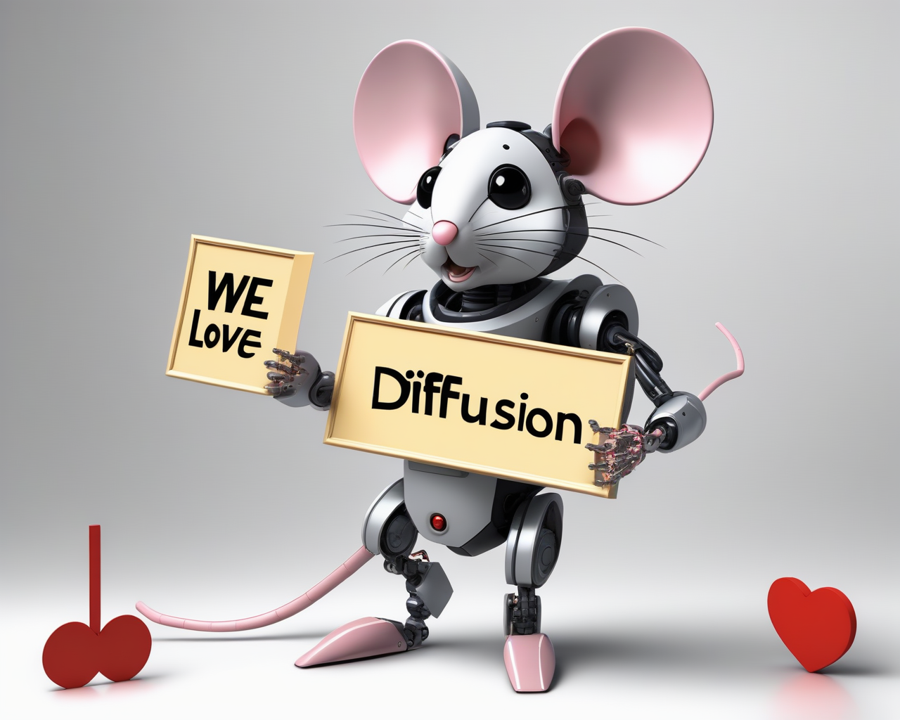 mouse robot holding a massive sign that says "We love stable diffusion!" <lora:n64:1>