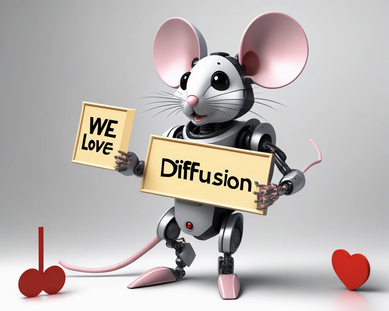 mouse robot holding a massive sign that says "We love stable diffusion!" <lora:n64:1>