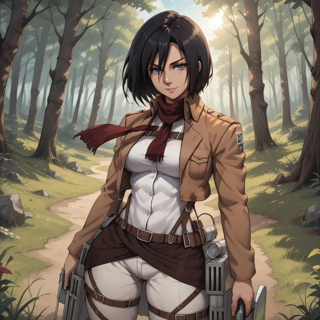 score_9, score_8, BREAK, solo, mikasa ackerman, 1girl, grey eyes, medium hair, black hair, bangs, short brown jacket, long sleeve white shirt, grey fitted pants with straps, brown thigh boots, breasts, masterpiece, shingeki no kyojin, sexy pose, self portrait, smile, outdoors, sunlight, shadows, evening lighting, natural lighting, forest, trees, grass, orange sky, sunset