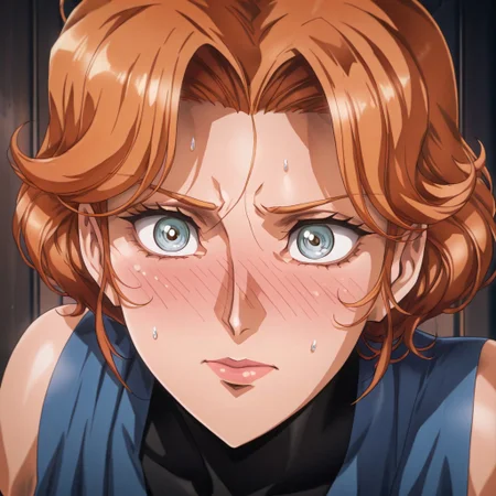 masterpiece, best quality, absurdres, highres, detailed background, <lora:hyperSD8:1>, (uru5h1h4r4), face focus, Castlevania (netflix), anime style,
5YPH4B3LN4D3S, 1girl, Sypha, orange hair, short hair, blue eyes, milf,  embarrassed, blush, blushing, full-face blush, cape, blue cape, detached sleeves, embarrassed, surprised,
