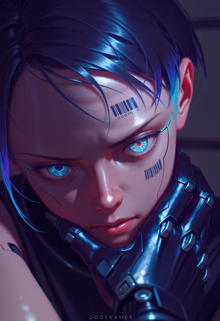 (absurdres, highres, masterpiece, absurdly_hires, best_quality, depth_of_field, cyberpunk, futuristic, science_fiction, biomechanical, mechabare, textured_hair, textured_clothing, skin texture, realistic, blender_\(artwork\), photo-referenced, photo_background)
(dre4mingde4th, seductive, thick_lips, annoyed, looking_at_viewer, solo, upper_body, female, cyborg, robotic_arm, damaged_cyborg, exposed_mechanics, heterochromia, blue_eyes, short_hair, messy_hair, close-up, holding_head, hand_on_face, freckled_face, barcode, pale_skin, broken_skin, mechanical_parts, mechanical_hand, black_glove, futuristic_clothing, dark_theme, muted_colors, cyberpunk, high_detail, cinematic_lighting, depth_of_field)