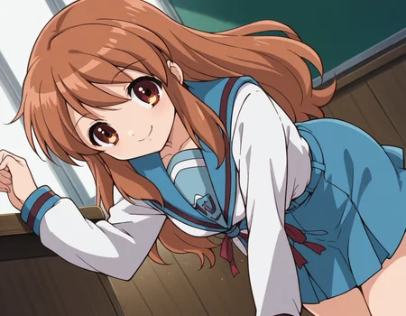 score_9, score_8_up, score_7_up, source_anime,
mikuruasahina, <lora:mikuru-asahina-s1-ponyxl-lora-nochekaiser:1>,
mikuru asahina, long hair, brown hair, brown eyes,
skirt, long sleeves, school uniform, serafuku, sailor collar, blue skirt, blue sailor collar, winter uniform, kita high school uniform,
indoors, classroom, bent over, smile,
looking at viewer, dutch angle, cowboy shot, solo,