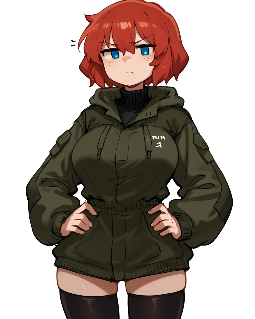 score_9, score_8_up, score_7_up, source_anime, <lora:[PonyXL] Alaska Gats (Cumcreature):1> flat colors, sketch, mob face, <lora:[PonyXL] Ayesha Drachev v0.22 (SomeSloppyBoi):0.9> ayesha, red hair, short hair, blue eyes, large breasts, olive hoodie jacket, black turtleneck, closed jacket, black thighhighs, hands on hips, annoyed, cowboy shot, print_sweeat