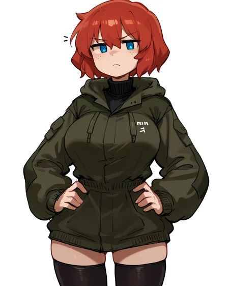 score_9, score_8_up, score_7_up, source_anime, <lora:[PonyXL] Alaska Gats (Cumcreature):1> flat colors, sketch, mob face, <lora:[PonyXL] Ayesha Drachev v0.22 (SomeSloppyBoi):0.9> ayesha, red hair, short hair, blue eyes, large breasts, olive hoodie jacket, black turtleneck, closed jacket, black thighhighs, hands on hips, annoyed, cowboy shot, print_sweeat
