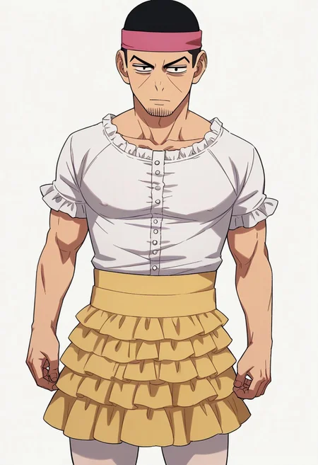 score_9, score_8_up, score_7_up, score_6_up, perfect anatomy, perfect proportions, best quality, masterpiece, high_resolution, high quality, aesthetic, absurdres, (male focus), solo male, adult, mature, masculine, manly, handsome, charming, alluring, cowboy shot, dutch angle, source_anime, anime coloring, Hajime Tsukishima, GKHajime, black eyes, facial hair, stubble, flat nose, black hair, short hair, buzz cut, Hajime_outfit08, crossdressing, pink headband with bow-knot, two-tone dress, (red/white blouse, two-tone blouse:1.4), (white sleeves, short sleeves:1.4), (yellow frilled skirt, short skirt:1.3), white pantyhose, white footwear, simple background, dead eyes, emotionless, collarbone,