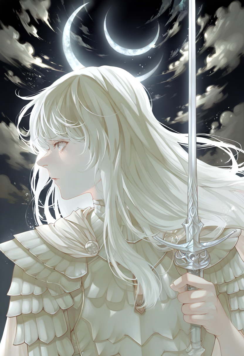 weapon, long hair, solo, sword, armor, white hair, crescent moon, moon, holding weapon, holding, holding sword, sky, blue eyes, night, shoulder armor, male focus, androgynous, upper body, cloud, 1boy, night sky, pauldrons, profile, cape <lora:cuso4XL_NBVP1_lokr_V6311PZ:0.95>
