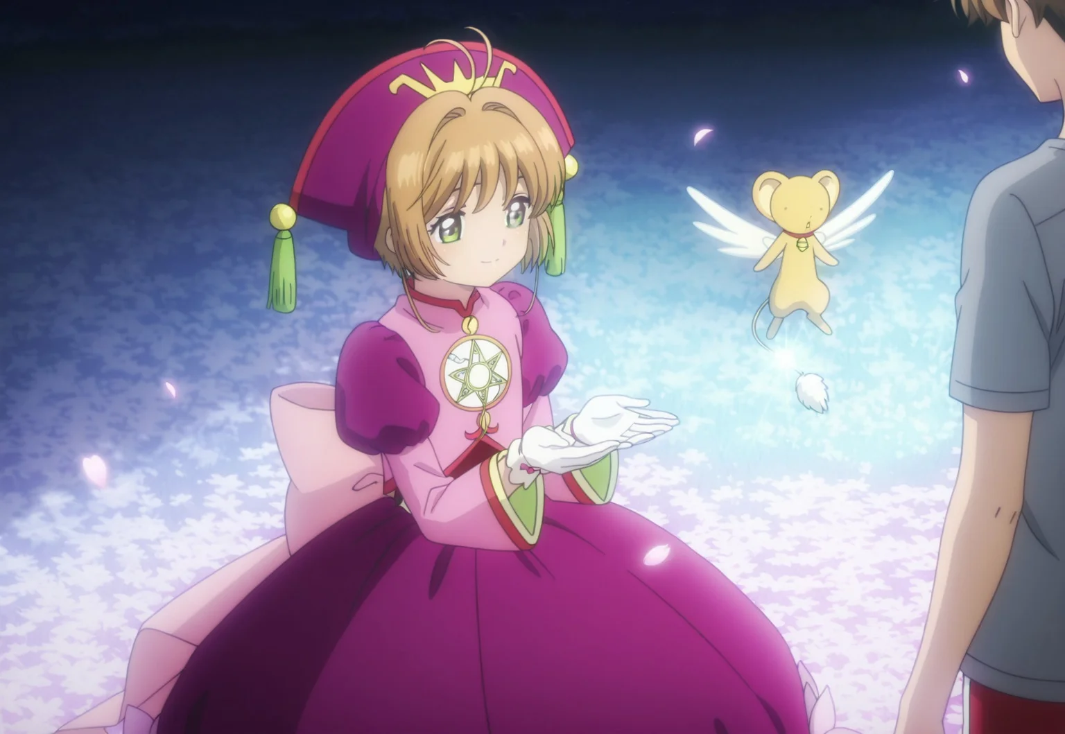 masterpiece, absurdres, highres, (anime screencap:2, anime coloring:2), official art, accurate art style, very aesthetic, flat colors, official screencap, style parody, proper proportions, CCS_Character-Pack, CCS_Clear Card, BREAK, 1girl, sakura kinomoto, brown hair, short hair, bangs, antenna hair, hair intakes, green eyes, cherry blossom costume, purple hat, pink shirt with large puffy sleeves, white gloves, flower skirt, purple skirt, large bow, pink bow, back bow, pink pants, red shoes, sitting down, relaxing, smiling, looking at side, BREAK, 1other, kero, floating, BREAK, 1boy, syaoran li, brown hair, short hair, bangs, thick eyebrows, yellowish brown eyes, grey t-shirt, red shorts, warm smile, standing, BREAK, hetero, couple, BREAK, detailed background, zen garden, nighttime, BREAK, cowboy shot, BREAK, vibrant colors, bloom, vignette, cinematic lighting, 75% soft lighting, 25% dark lighting