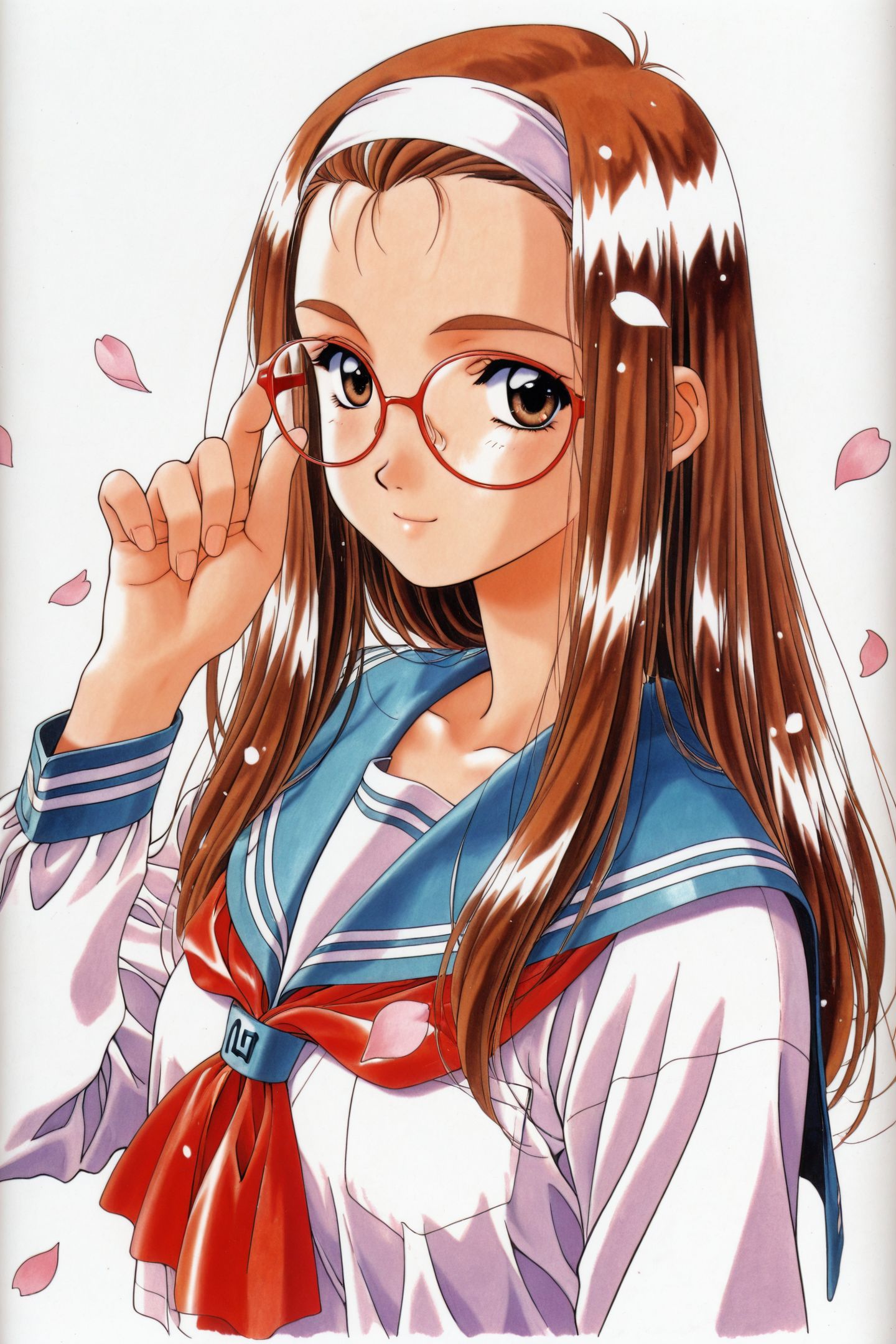 Miyuki Hosaka,1girl,solo,brown hair,school uniform,brown eyes,white hairband,glasses,smile,petals,long sleeves,white background,upper body,flower,1990s \(style\),looking at viewer,simple background,serafuku,long hair,round eyewear,traditional media,retro artstyle,cherry blossoms,
<lora:Mizutani Tooru_illustriousXL:1>,