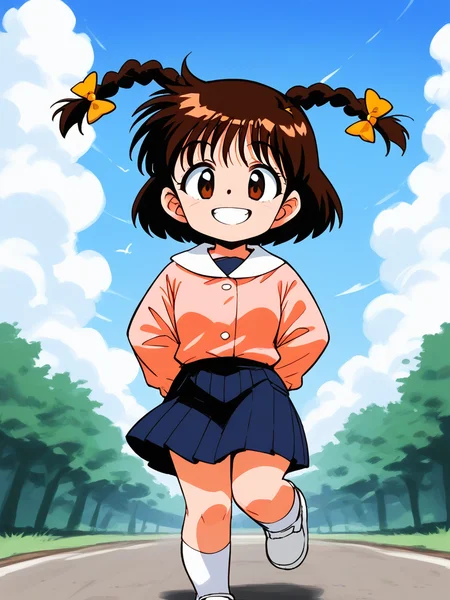 score_9, score_8_up, score_7_up, source_anime, rating_explicit, BREAK <lora:Shinba_Kurumi_XL:0.8>Shinba_Kurumi, brown hair, brown eyes, twin braids, hair bow, short hair, short stack, 
long sleeve, skirt, smile,
skyã