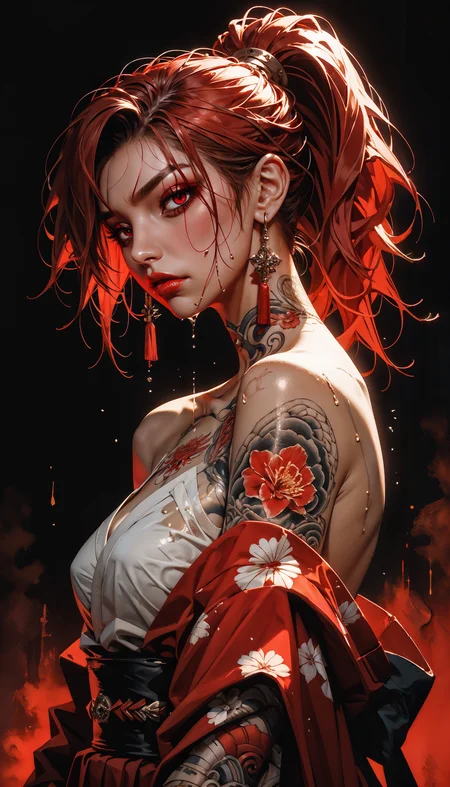 score_9, score_8_up, score_7_up, score_6_up, score_5_up, score_4_up, source_anime, 1girl, cute, curvy chest, off-shoulders kimono, samurai girl, yakuza tattoos, red hair, ponytail, red eyes, wet body, dark background, neon, contour light, dynamic scene, detailed, masterpiece, wide angle, <lora:Expressive_H-000001:0.6>, expressiveH <lora:g0th1cPXL:0.4> <lora:incase_style_v3-1_ponyxl_ilff:0.3> <lora:sinfully_stylish_SDXL:0.4>
