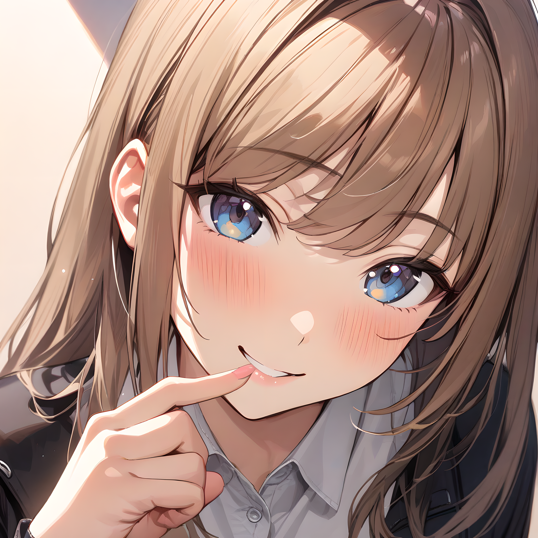 (masterpiece),(best quality),(ultra-detailed),(best illustration),(best shadow),(absurdres),(detailed background),(very aesthetic),  himesaki_rinami, 1girl, solo, smile, brown hair, blue eyes, looking at viewer, finger to mouth, long hair, blush, jacket, shirt, bangs, black jacket, portrait, collared shirt, portrait, close up, seductive smile, <lora:XL-HimesakiRinami:1>