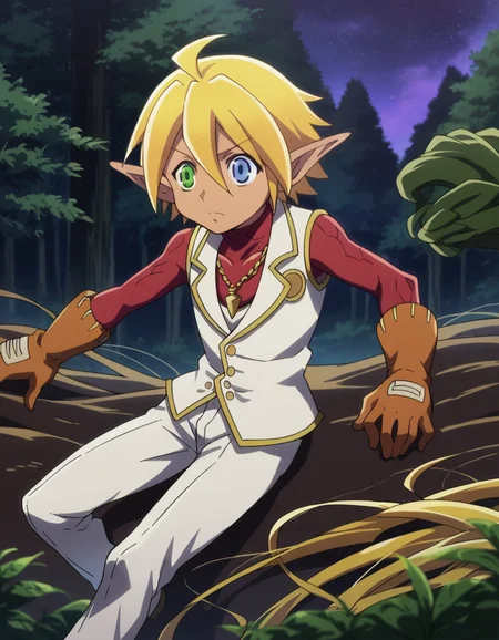 score_9, score_8_up, score_7_up, source_anime,
aurabellafiora, <lora:aura-bella-fiore-ponyxl-lora-nochekaiser:1>,
aura bella fiora, short hair, blue eyes, blonde hair, hair between eyes, green eyes, ahoge, pointy ears, dark skin, heterochromia, elf, dark elf,
gloves, jewelry, necklace, vest, white vest, pants, white pants,
outdoors, night, night sky, forest, nature,