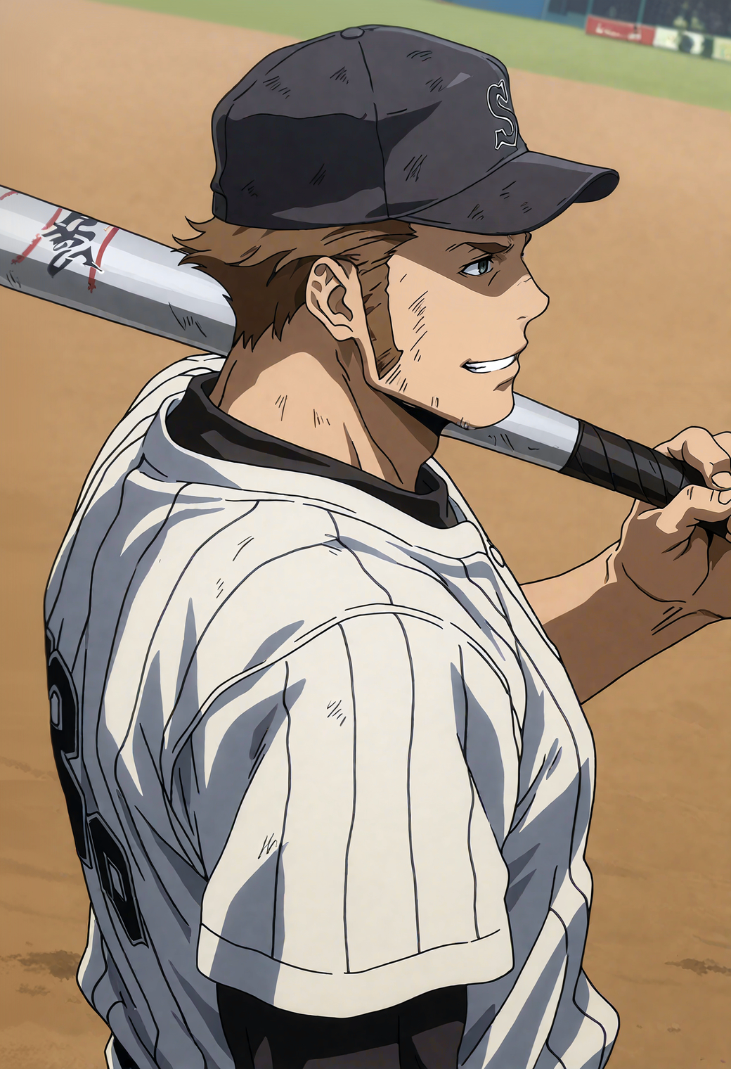 SmoothNoob_Quality,
<lora:Sword__Wilhelm_Ragnvald_Garo_-VANISHING_LINE-:1>,
1boy,s0rud0,brown_s0rud0_hair,blue_s0rud0_eyes,anime coloring,long sideburns,muscular male,bara,
upper body,
from side,looking afar,baseball cap,holding baseball bat,baseball uniform,dirty,grin,baseball stadium,bat over shoulder,
dynamic angle,dynamic action