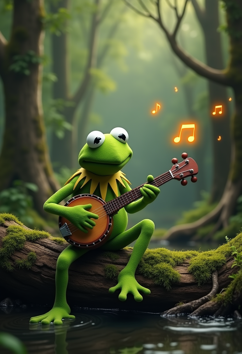 A cute Kermit The Frog sitting on a moss covered fallen log in a dense swamp playing the banjo with glowing musical notes floating in air in an encahnted forest