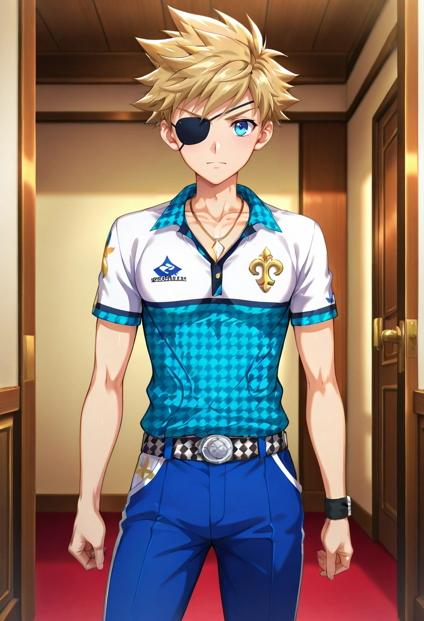 masterpiece, best quality, intricate details, anime screencap, anime coloring, official style, looking at viewer, , 1boy, solo, male focus, <lora:connor_bleufin_ilxl:1>, connor_bleufin, blonde hair, blue eyes, short hair, spiked hair, , necklace, , OliveGreen Poplin Fleur-de-lis Pleated golf pants, Houndstooth Henley shirt, , , Eye Patch