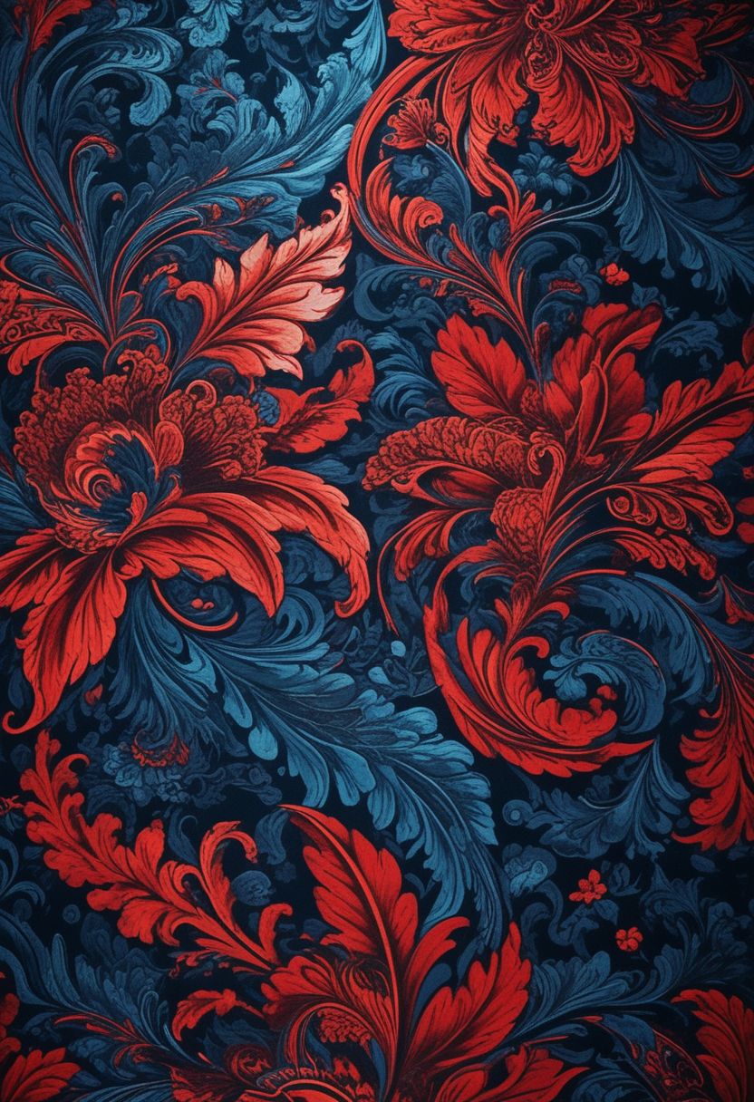 photo of a paisley pattern, official art, aesthetic, dynamic angle, hyper detailed, order and chaos, dark colors, (extremely detailed, intricate details, masterpiece, best quality, 8k wallpaper:1.4), dramatic lighting, (dark blue and madder red palette:1.2), boteh, paisley, navy blue, madder red, almond