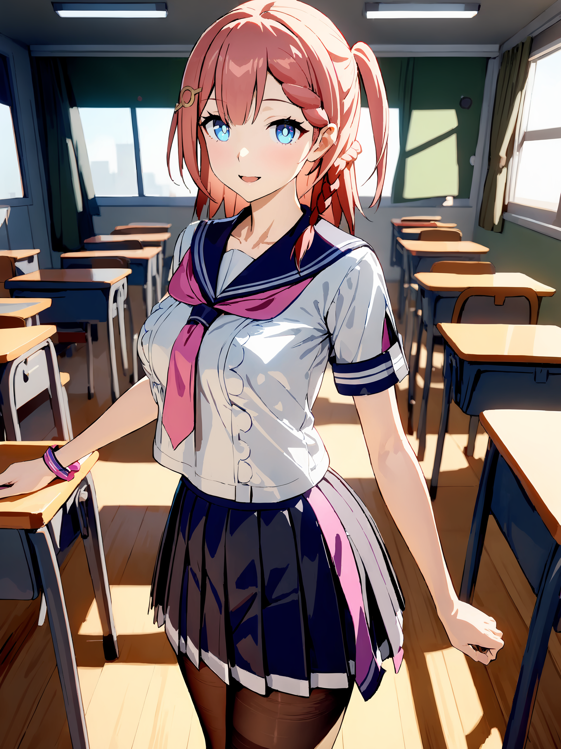 1girl, asta \(honkai: star rail\), solo, serafuku, sailor collar, pleated skirt,  pantyhose, looking at viewer, light smile, cowboy shot, smile, open mouth, classroom, indoors, depth of field  <lora:Char-HonkaiSR-Asta-XL-V1:0.8> <lora:XL-tool-extremely_detailed:1>, masterpiece, best quality, perfect features, extremely detailed, intricate details, ray tracing, very aesthetic