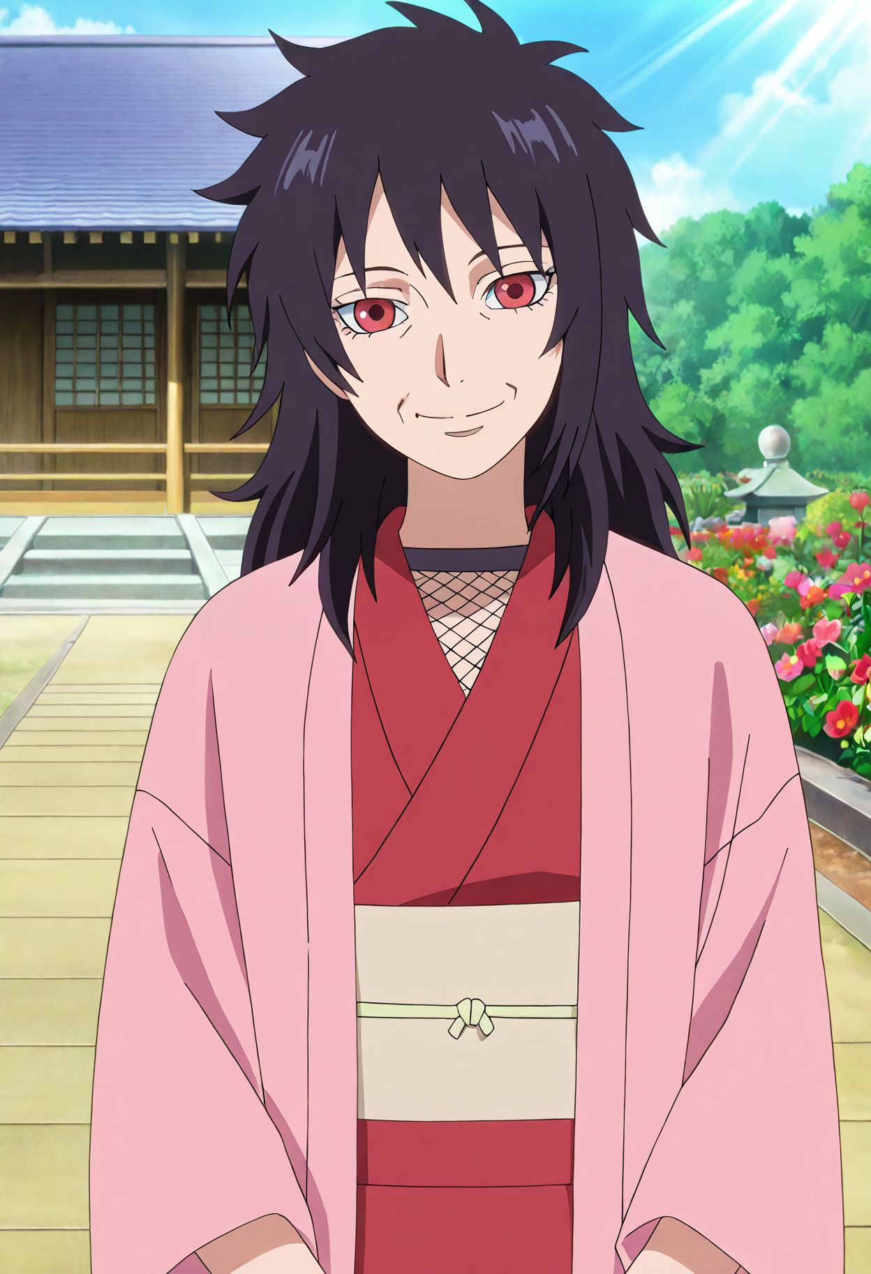 <lora:yuuhi_kurenai_v1b_pny:1> yuuhi_kurenai, 1girl, black hair, long hair, red eyes, japanese clothes, red kimono, pink haori, beige obi, fishnet top, old woman, looking at viewer, smile, outdoors, day, sunlight, japanese architecture, garden, flower, source_anime