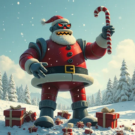 Robot Santa standing triumphantly on a pile of destroyed presents, his metallic frame gleaming in the winter sun. Snow falls gently around him as he raises a candy cane-shaped weapon, with a mischievous grin and glowing red eyes