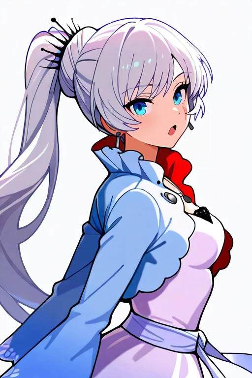 masterpiece, High quality, Ultra detailed, 2d, newest, absurdres, highres, BREAK
1girl, solo, <lora:weiss_schnee:0.8>, weiss_schnee, long hair, ponytail, white hair, blue eyes, scar across eye, earrings, jewelry, necklace,
small breasts, weissdef, long sleeves, cropped jacket, high collar, white dress,
from behind, looking at viewer, open mouth,