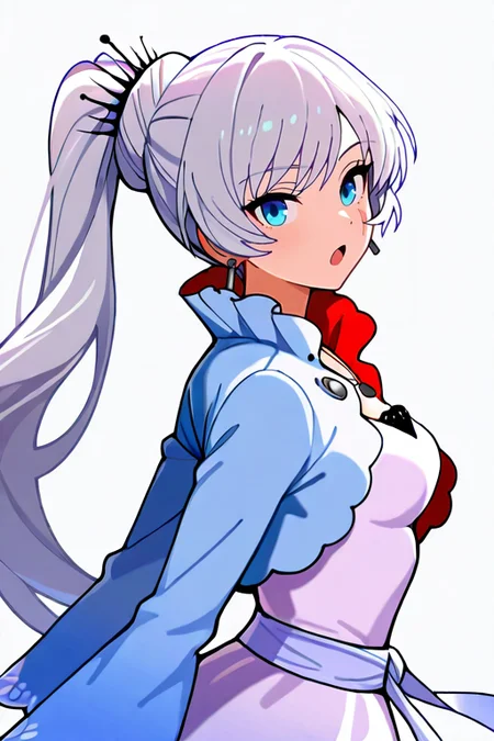 masterpiece, High quality, Ultra detailed, 2d, newest, absurdres, highres, BREAK
1girl, solo, <lora:weiss_schnee:0.8>, weiss_schnee, long hair, ponytail, white hair, blue eyes, scar across eye, earrings, jewelry, necklace, 
small breasts, weissdef, long sleeves, cropped jacket, high collar, white dress, 
from behind, looking at viewer, open mouth,