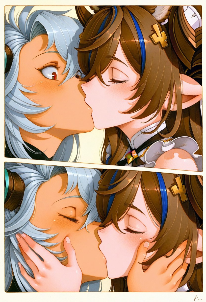masterpiece, best quality, amazing quality, 
2girls, galleon_\(granblue_fantasy\), fediel_\(granblue_fantasy\), kiss, french_kiss, close-up, hands_on_another's_face, 
fr-pi-il