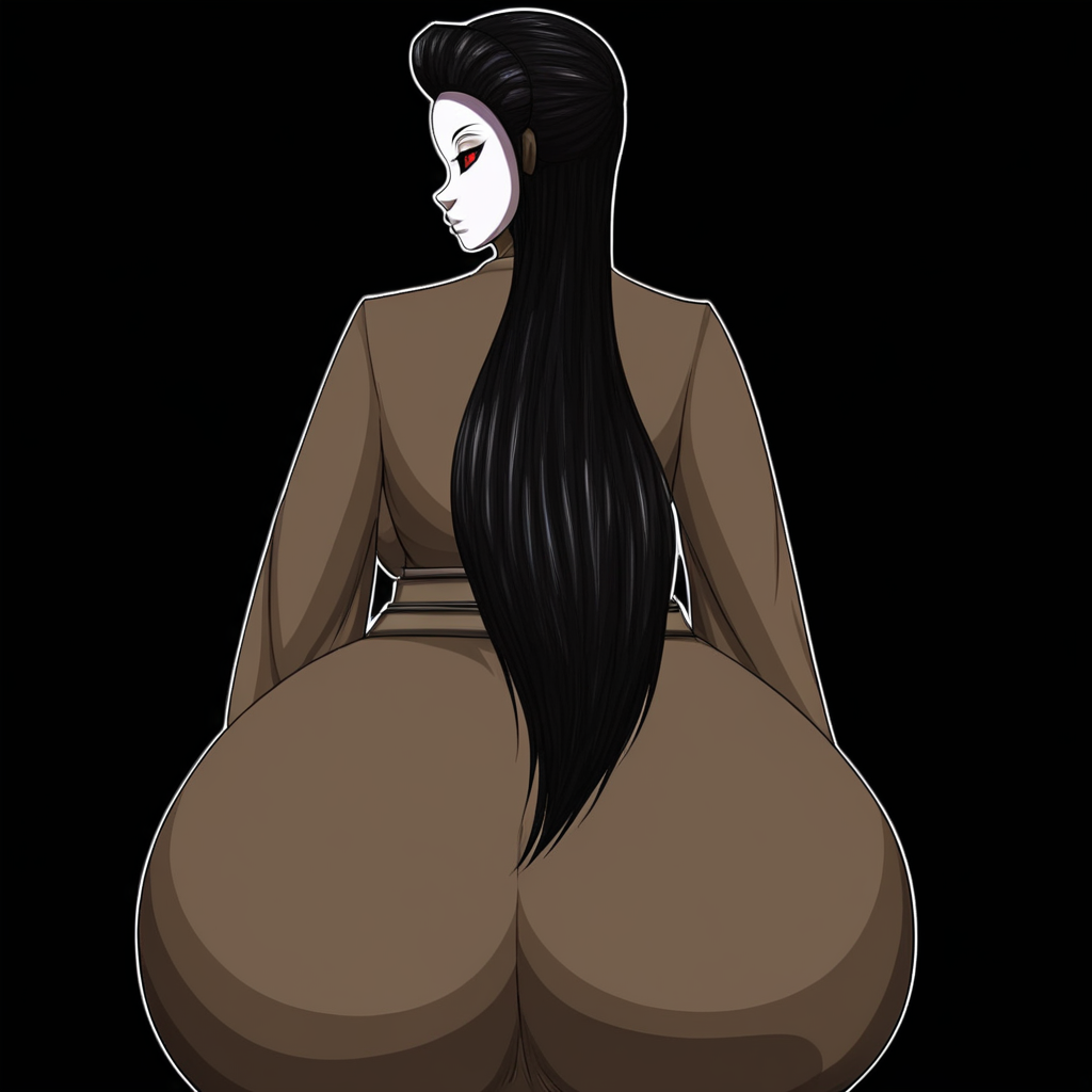female, profile, naked, brown kimono, red eyes, Black hair, pale skin, white mask, long hair, back, big ass solo