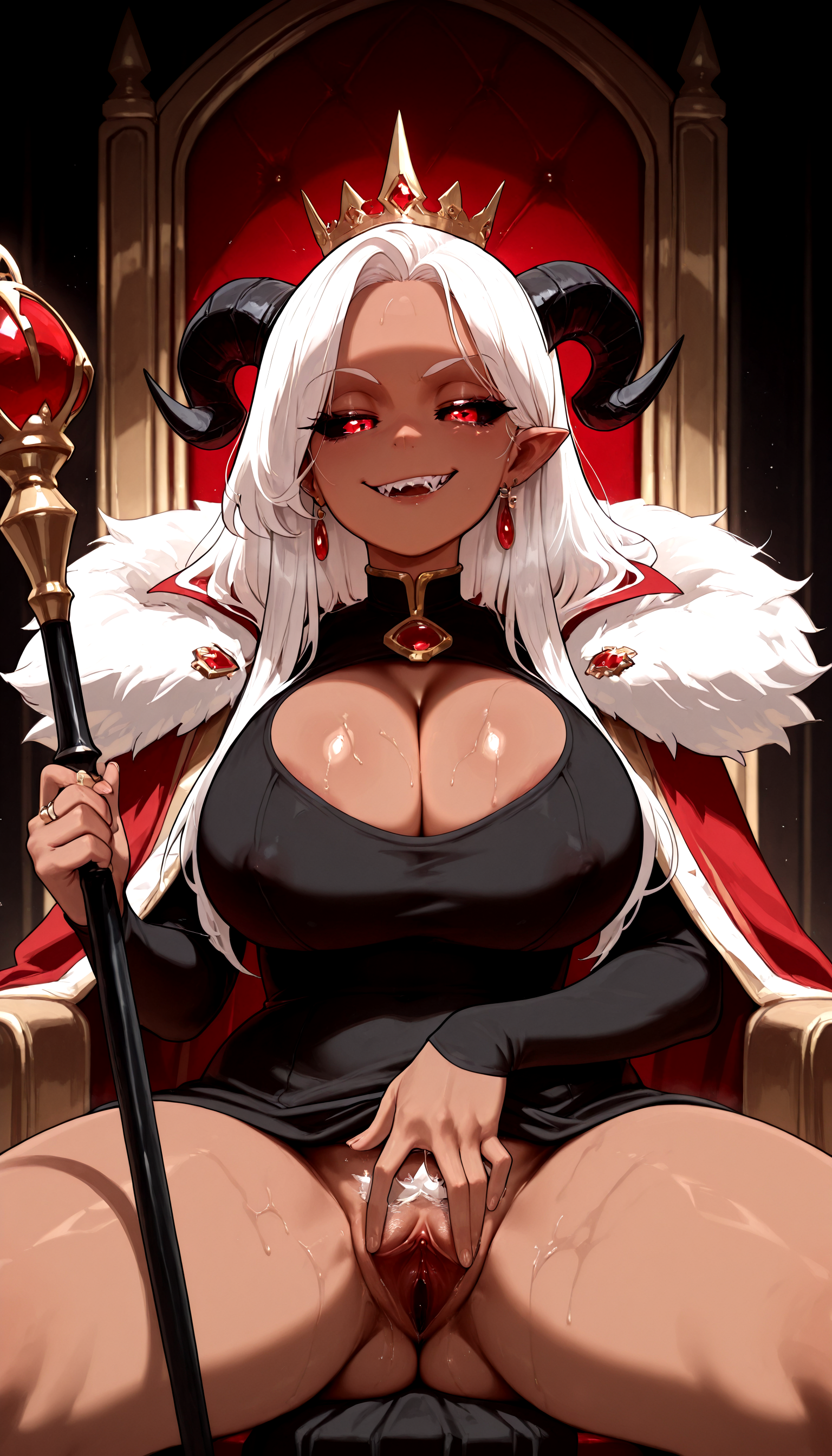 <lora:QinslethIllustV1:0.99>  qinsleth,
<lora:Two Finger Pussy Spread(IL)_epoch_7:0.8> tfps, pussy, spread_pussy
white pubic_hair, dark_skin, sitting_on_throne, crown, cape, scepter, sexually_suggestive, smug,
large_breasts, dress_lift, black dress, cleavage_cutout, black_sclera, horns,, masterpiece,best quality,absurdres, amazing quality