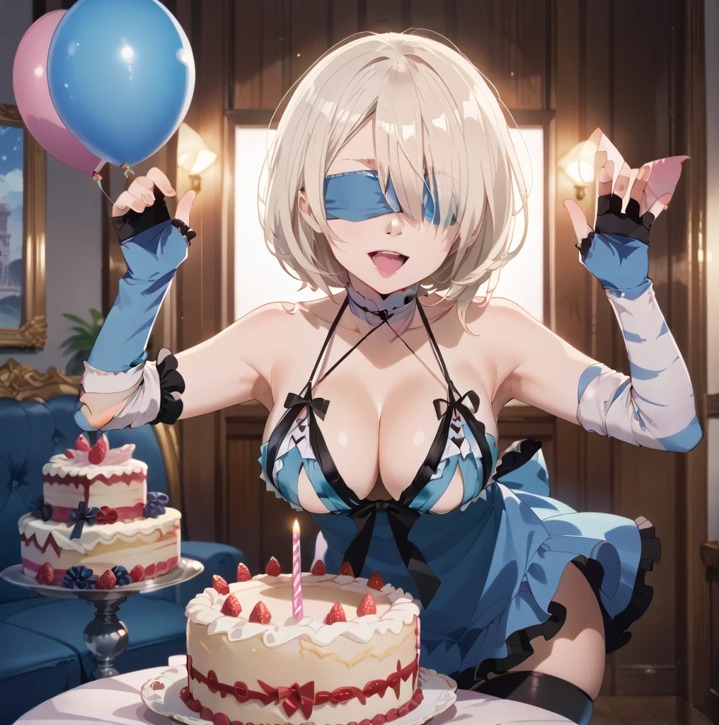 score_9, score_8_up, score_7_up, best quality, masterpiece, source_anime, rating_safe , zPDXL2, BREAK, 1girl, large breast, hair over one eye,blindfold<lora:yorha2b10outfit:1>,yorha2b, 2bkaine, Jumping with joy, as if holding a birthday cake,<lora:AmaiAnimePony:1>
