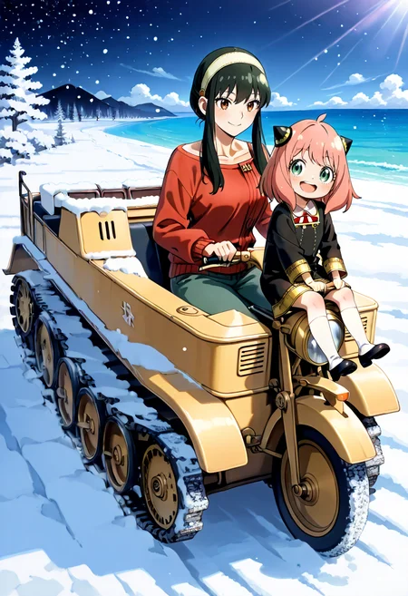 score_9,score_8_up,score_7_up,source_anime,masterpiece,best quality,detailed digital illustratio,zPDXL3,<lora:kettenkrad-000023:1>,kettenkrad,snow,snowing,night,
2girls,driving viecle,smile,Yor Forger \(Spy Family\),
2girls,sitting on rear sheat,Anya Forger \(Spy Family\),happy,