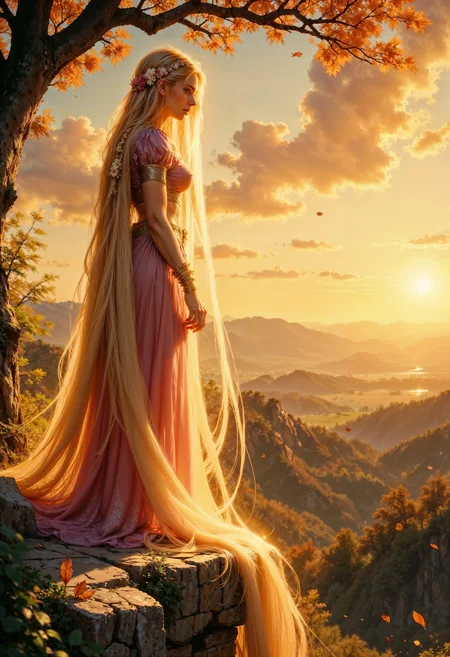 Rapunzel. digital artwork depicting a fantastical, ethereal scene. The central figure is a tall, slender, female character with long, flowing golden hair that cascades down her back like a river of light. The hair is intricately braided and adorned with delicate flowers. Rapunzel's long, shimmering hair is a golden hue that blends seamlessly with the surrounding light.
Rapunzel stands on a rocky cliff, with one hand resting gently on a tree branch, looking out over a vast, sunlit landscape. The sky is ablaze with a golden sunset, casting a warm glow over the entire scene. The clouds are tinged with shades of orange and yellow, adding to the magical atmosphere.
The background features a rolling landscape with distant hills and valleys, bathed in the soft, golden light of the setting sun. The ground beneath the character is covered in sparse vegetation, and there are scattered leaves and petals floating in the air, caught in the gentle breeze.
The style of the artwork is highly detailed and realistic, with a fantasy twist. The use of light and color is masterful, creating a dreamy, almost otherworldly ambiance.