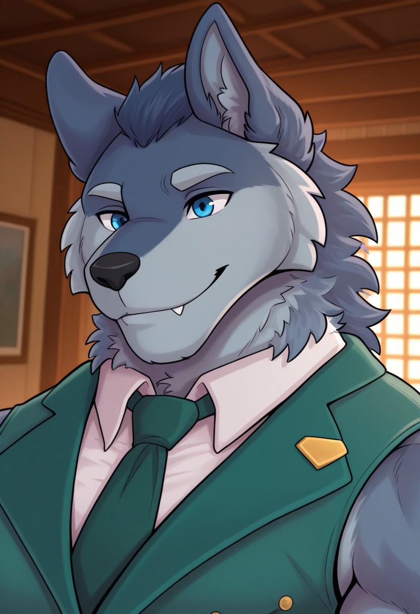 DallanLS, solo, furry, wolf, wolf tail, smile, detailed eyes, perfect eyes, perfect face, blue fur, blue eyes, muscular, bara, large pectorals, manly, mature, dynamic angle, face focus, portrait, white collared shirt, green vest, sleeveless, necktie, indoors, unparalleled masterpiece, best quality, amazing quality, very aesthetic, high resolution, 4K, extremely-detailed, depth of field, separate focus, newest, scenery, detailed fur, detailed muscles, semi realistic lighting, <lora:DallanLS:0.9>