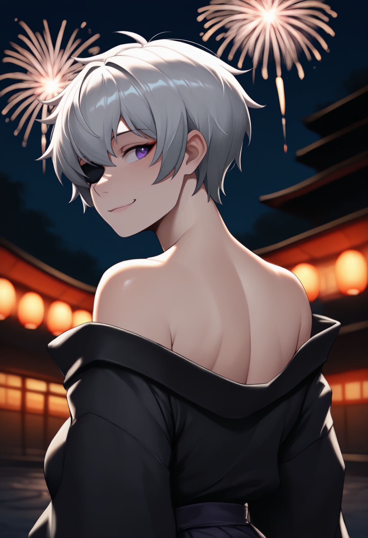 masterpiece, best quality, newest, from behind, solo, 1girl, naj3nda, smile, looking back, short hair, grey hair, purple eyes, eyepatch, japanese clothes, black kimono, off shoulder, bare shoulders, outdoors, night, fireworks
<segment:yolo-Anzhc Face seg 640 v2 y8n.pt,0.4,0.5//cid=1>