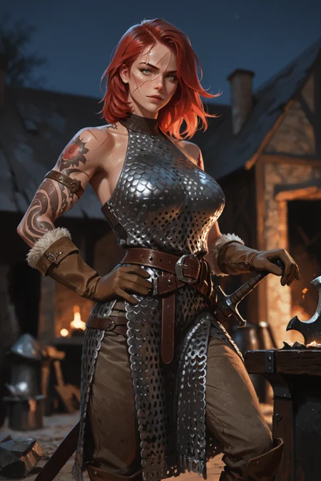 1girl, weapon, sword, solo, gloves, armor, brown gloves, red hair, breasts, cowboy shot, hand on own hip, tattoo, belt, armlet, boots, green eyes, standing, bare shoulders, short hair, large breasts, sheath, looking at viewer, fur trim, holding, holding sword, shoulder tattoo, holding weapon, scar, scar on face, sheathed, pants, arm tattoo, chainmail dress, brown footwear, medium hair, hand on hilt, outdoors, blacksmith, anvil, grindstone, halterneck, night, masterwork, masterpiece, best quality, detailed, depth of field, , high detail, best quality, very aesthetic, 8k, dynamic pose, depth of field, dynamic angle, adult, aged up
