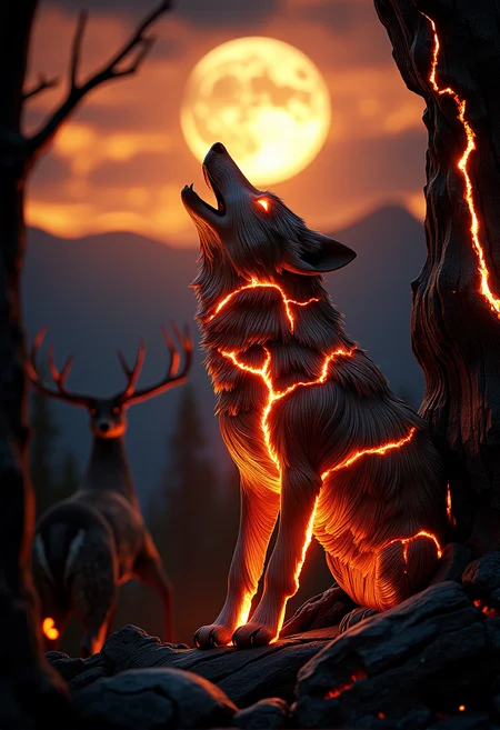 A close-up of a wolf howling at a glowing moon, subtly illuminated by glowing wood details that softly light up its silhouette|A close-up of a tree with ember-like veins glowing faintly against a fiery twilight sky, with wooden veins flickering softly, glowing subtly in a few sections}|A wide-angle shot of a majestic deer standing in a glowing forest, its fur merging with wooden patterns that glow faintly in the soft light}|A panoramic view of a glowing wooden temple at dusk, with parts of the wooden structure softly glowing, casting gentle light onto the surroundings}|A massive dragon flying over a mountain range at twilight, its scales partially transformed into glowing wooden textures, veins of soft embers flickering across its body|A mythical phoenix rising from glowing wooden ashes, its wings merging with soft, glowing wooden veins, radiating warmth as it soars}} Epic cinematic lighting, soft glowing wood textures, subtle embers, dramatic shadows, backlit glow, high contrast, lens flare, deep focus, ultra-realistic details, vivid colors, high dynamic range, volumetric lighting, breathtaking scale, photorealism, hyper-sharp focus, intricate details, stunning cinematic atmosphere. , <lora:bv-glowing-wood-v1.safetensors:0.5:0.5>