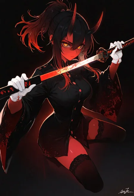 simple background, signature, wide sleeves, black background, ,4ki4k4ne_illu, XUER guangying, 
BREAK 
(sexy, slutty, hot, aroused), HDR, high contrast , masterpiece, best quality, very aesthetic, high resolution, ultra-detailed, absurdres,volumetric lighting, dramatic shadows, cinematic lighting, newest,illustration, perfect composition,perspective,incredibly absurdres,cute, nsfw, raytracing,soft lightin, highly detailed,Dutch angle,
BREAK
Aka-Oni, oni, colored skin, (red skin:1.3), smooth horns, black horns, long hair, floating hair,
BREAK
96YOTTEA, 1girl, solo, looking at viewer, hair between eyes, long side locks, slightly disheveled hair, ponytail, shirt with buttons, white gloves, weapon, holding katana, thighsocks, blood, katana, sheath, fighting stance, darkness, red gradient, calm hate, numb emotions, tired eyes, medium breasts, unsheathing katana, about to attack, dutch angle, perspective, fisheye effect, close-in, focus on blade, shiny blade, v-shaped eyebrows, glowing background, bloodblash