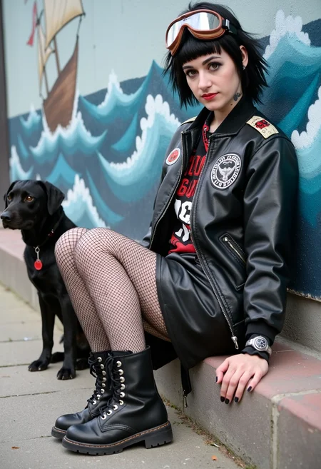 amateur photo, a punk woman, 24 years old is wearing a old pilot jacket with "Colossus Squad" on it, black net stockings, leather skirt, punk boots, and pilot googles, a cat tattoo on her hand, she is sitting on sidewalk, next to her is a dog, on the wall behind her is a graffity with a flying dutchman on stormy sea